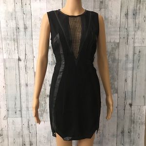 English Rose Faux Leather Trim Net Neckline Dress